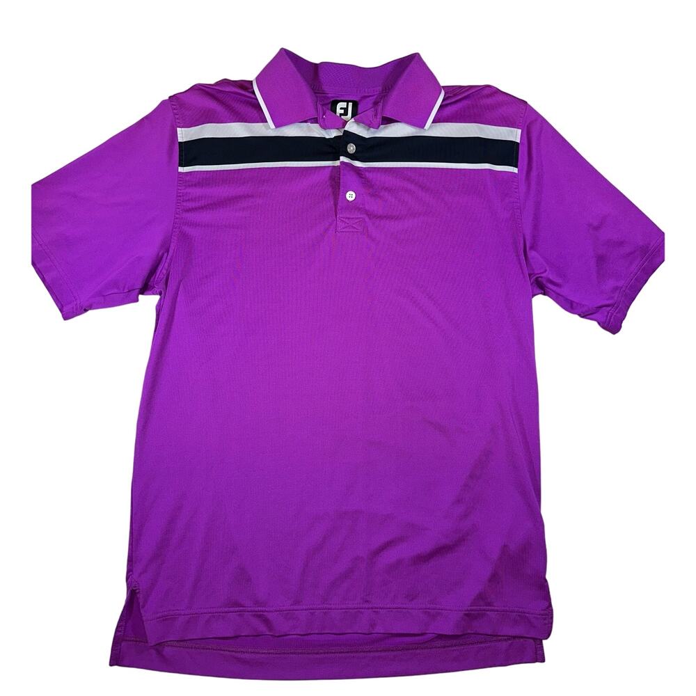 Foot Joy Mens Size Medium Golf Stretch Polo Shirt Purple Black Logo Sleeve